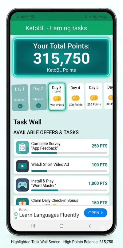 How KetoBL earning tasks and reward points work on Android