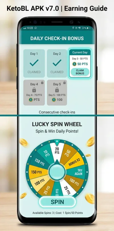 KetoBL APK daily check-in and lucky wheel spin screen