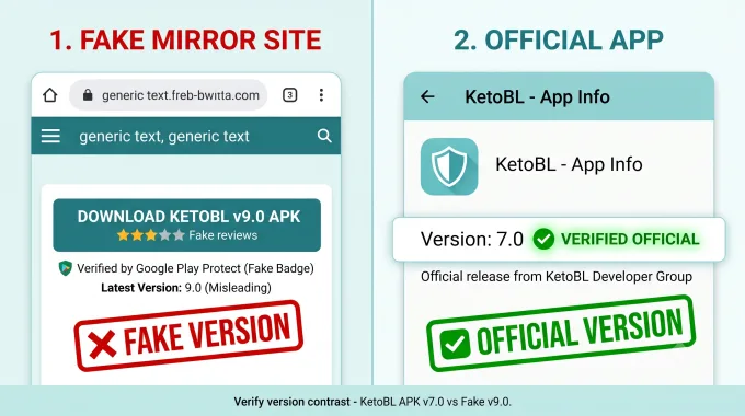 Fake KetoBL APK version numbers on third-party mirror sites versus real v7.0