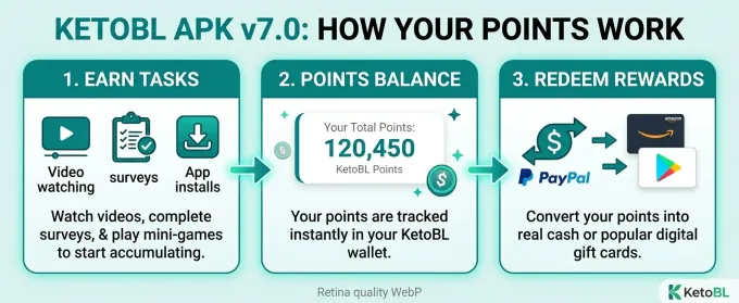 KetoBL APK points flow: complete tasks, earn points, redeem rewards