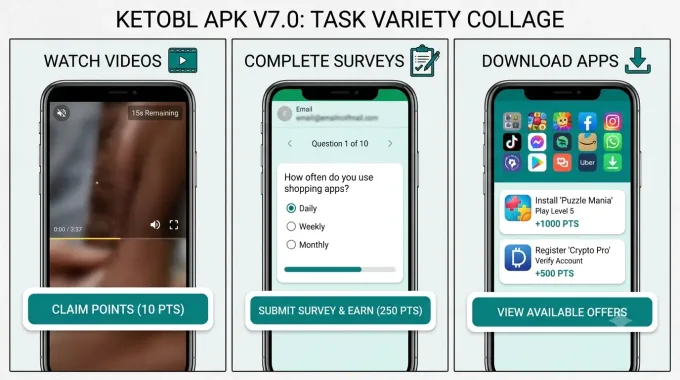 KetoBL APK task types: videos, surveys, and paid task list