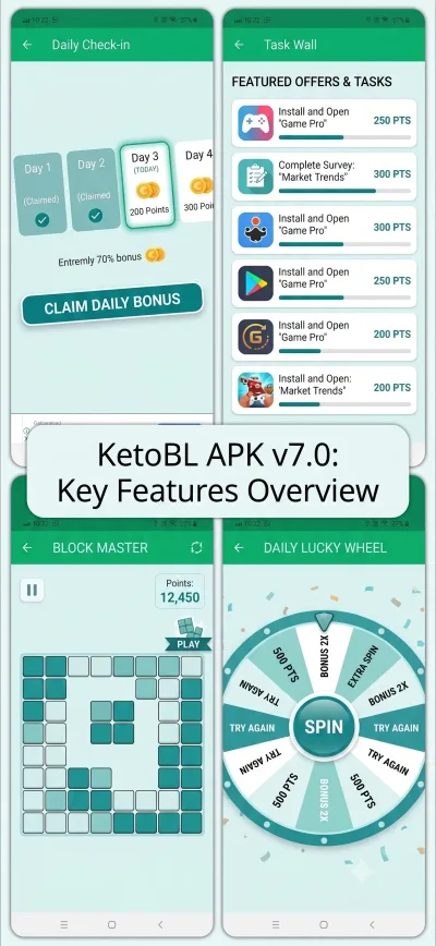 KetoBL APK v7.0 features: daily check-in, task wall, mini-games, and lucky wheel