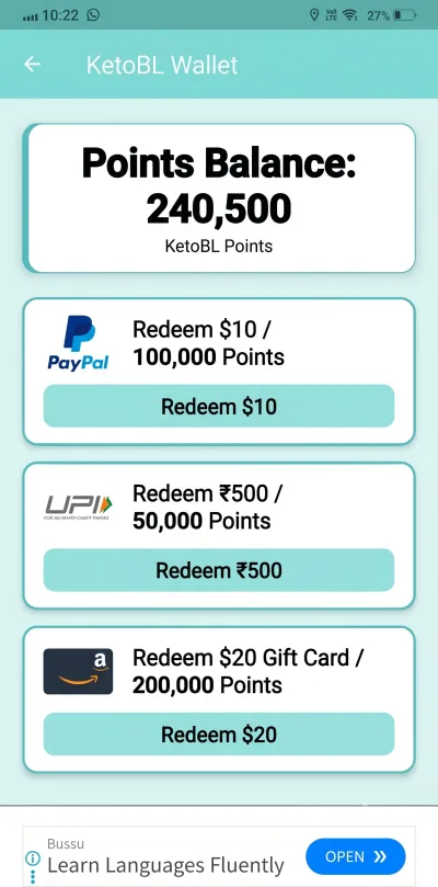 KetoBL APK points balance and redemption screen on Android