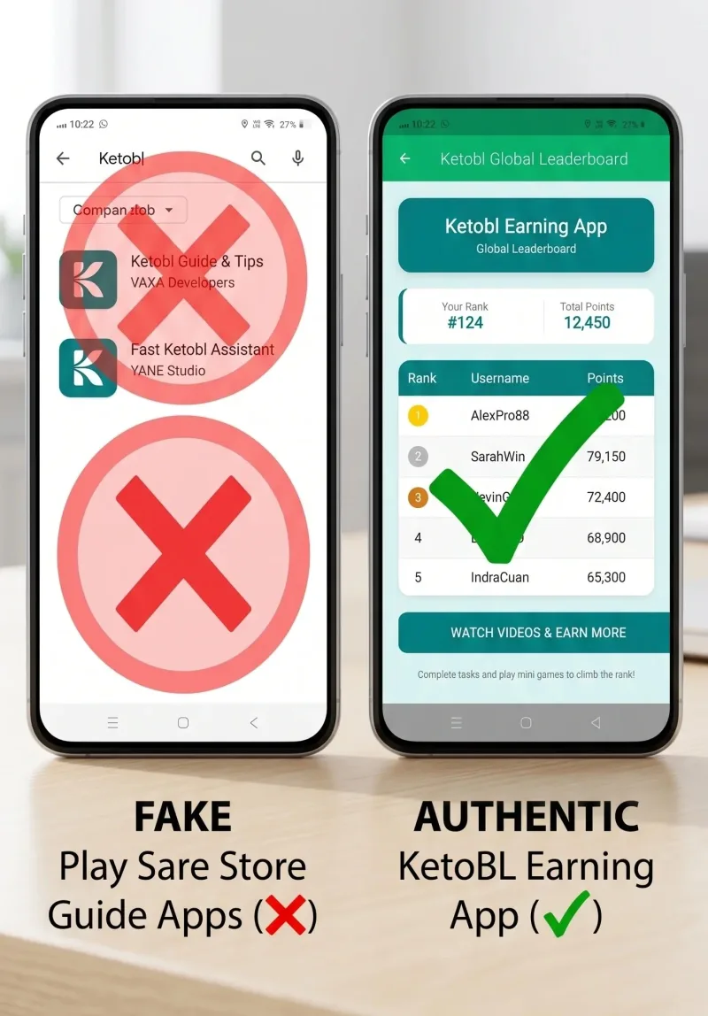 Fake Ketobl Play Store guide apps compared to official KetoBL APK sideload earning app